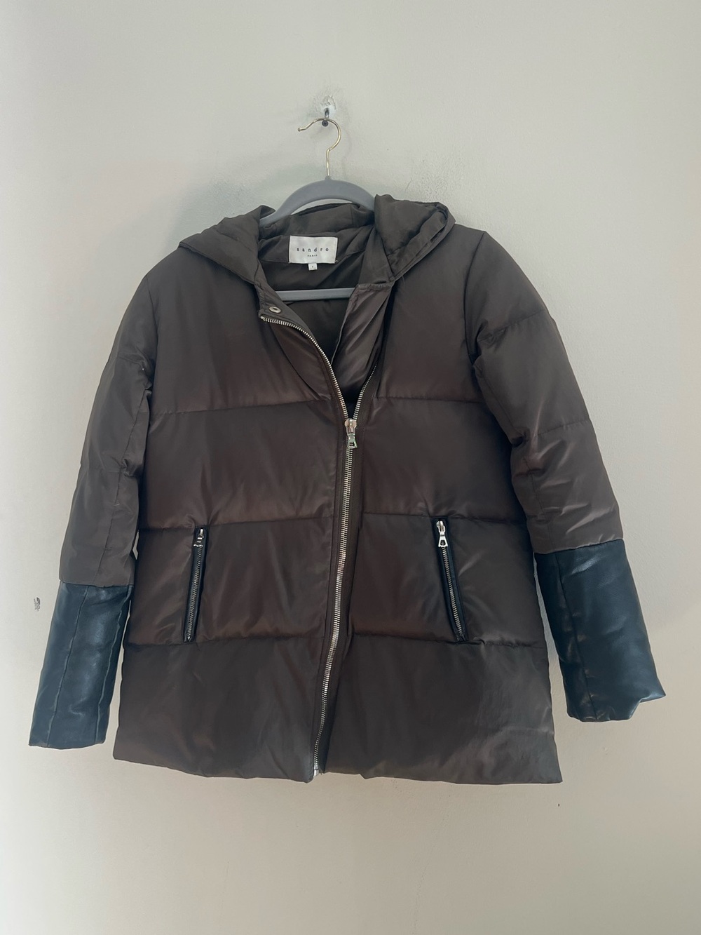 Sandro Brown Puffer Jacket with Black Sleeve Cuffs